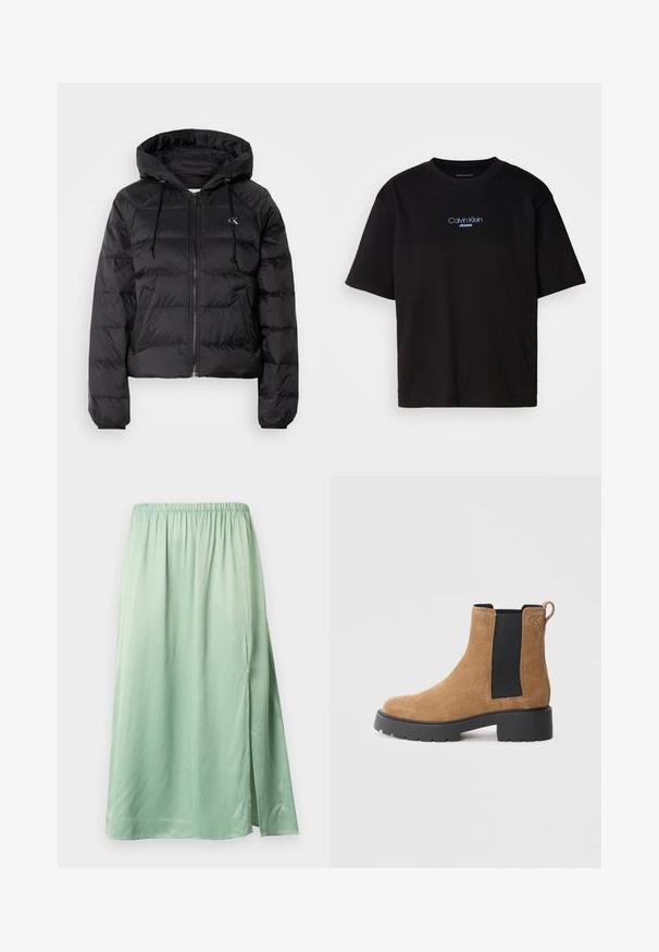 Calvin Klein Jeans LIGHTWEIGHT LOGO PUFFER - Zimná bunda - black; Čierne bavlnené tričko s okrúhlym výstrihom, krátkymi rukávmi a modrým vyšívaným logom "Calvin Klein JEANS" na prednej strane.; Svetlozelená midi sukňa vyrobená z hladkej tkaniny, s elastickým pásom a bočným rozparkom pre väčšiu voľnosť pohybu.; Hnedé semišové čižmy po členky s čiernym elastickým bočným panelom, masívnou čiernou podrážkou, sťahovacím pútkom na zadnej strane a embosovaným logom "cK" blízko členka.