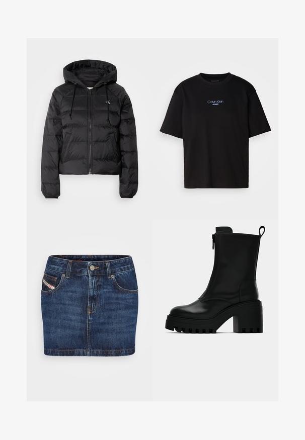 Calvin Klein Jeans LIGHTWEIGHT LOGO PUFFER - Zimska jakna - black; Crna pamučna majica s okruglim izrezom, kratkim rukavima i plavim izvezenim logom "Calvin Klein JEANS" na prednjoj strani.; Tmavi plavi traper suknja s krojem koji prati tijelo, pet džepova i narančastim šavovima. Ima metalno dugme za zatvaranje u struku.; Crne kožne gležnjače s krupnim potplatom, blok-petom, bočnim zatvaračem i trakicom za povlačenje na stražnjoj strani, na jednostavnoj bijeloj pozadini.