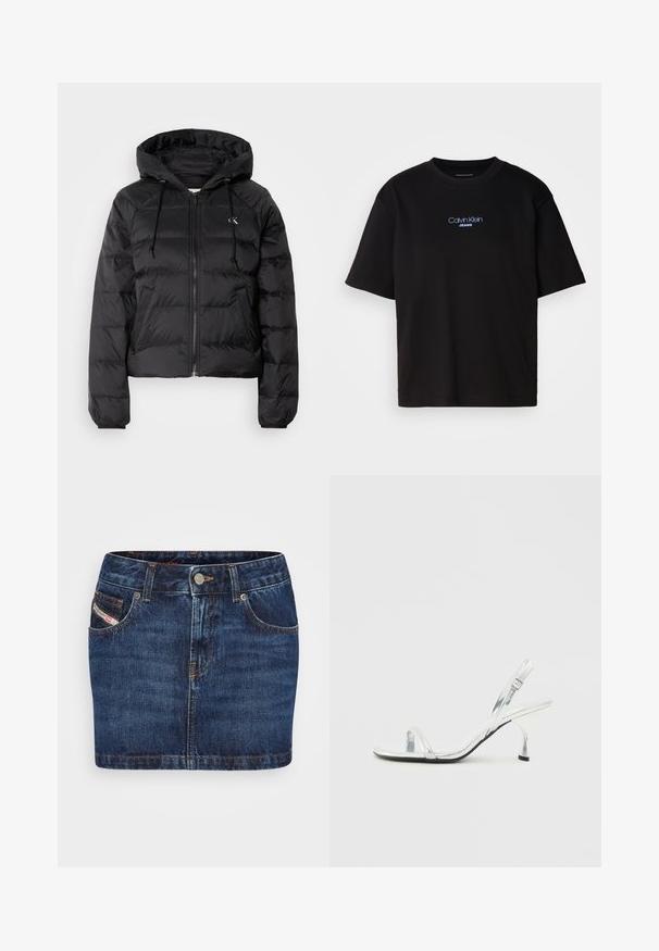 Calvin Klein Jeans LIGHTWEIGHT LOGO PUFFER - Vinterjakke - black; Sort bomull t-skjorte med rund hals, korte ermer, og blå brodert "Calvin Klein JEANS" logo på forsiden.; Mørkeblå denimskjørt med tettsittende design, fem lommer og oransje søm. Har metallknapplukking i midjen.; Sølv patentlær slingback høyhælt sandal med en smal tårem, justerbar spenne og en slank hæl.