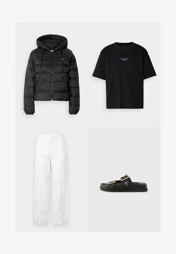 Calvin Klein Jeans LIGHTWEIGHT LOGO PUFFER - Talvejope - black; Mustmust särk ümmarguse kaelusega, lühikeste varrukatega ja sinise tikandiga "Calvin Klein JEANS" logo ees.; Valged laiad püksid, mis on valmistatud kergetest materjalidest, omades siledat tekstuuri, puhtaid jooni ja kõrget vöökohta.; Mustad musta värvi liugjalatsid kahe reguleeritava rihmaga, kullatooni pandlad, tekstureeritud kummist pealispind ja paks tekstureeritud tall. Logo on külgedel.
