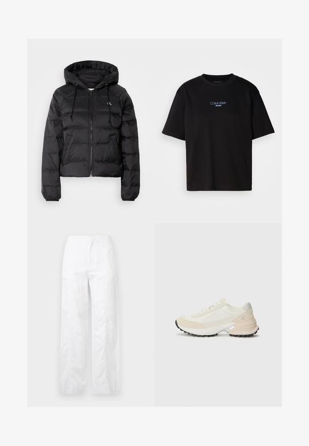 Calvin Klein Jeans LIGHTWEIGHT LOGO PUFFER - Winter jacket - black; Black cotton t-shirt with a round neck, short sleeves, and blue embroidered "Calvin Klein JEANS" logo on the front.; White wide-leg trousers made of lightweight fabric, featuring a smooth texture, clean lines, and a high waist design.; Lightweight sneakers featuring beige and white materials, a padded collar, textured suede accents, and a black rubber outsole.