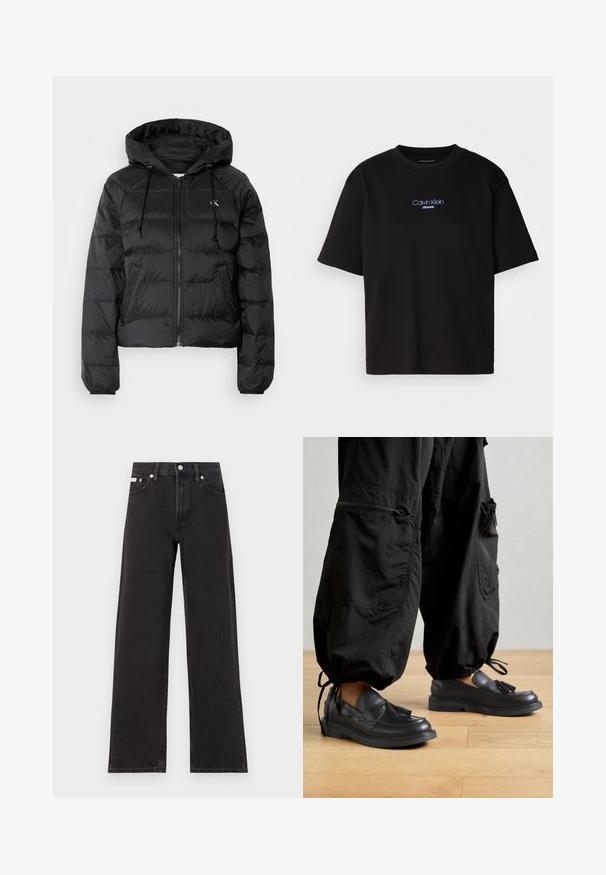 Calvin Klein Jeans LIGHTWEIGHT LOGO PUFFER - Winterjas - black; Zwart katoenen T-shirt met ronde hals, korte mouwen en blauw geborduurd "Calvin Klein JEANS" logo op de voorkant.; Zwarte wijde spijkerbroeken van denim, met een hoge taille, vijf-pocket stijl en een metalen knoopsluiting met contrasterende stiksels.; Geox SERILDA - Instappers - black