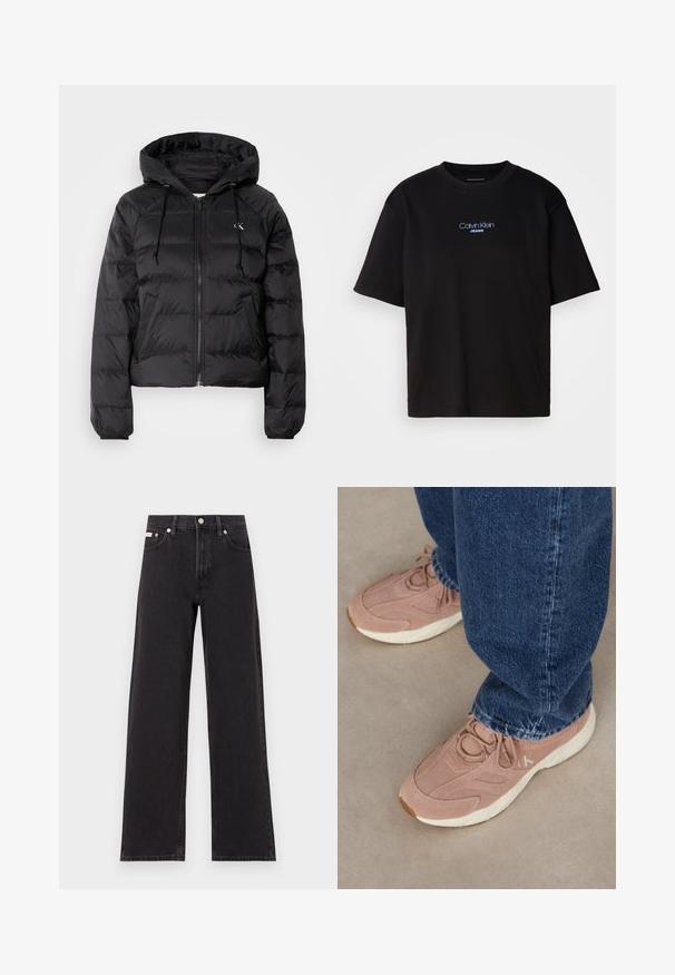 Calvin Klein Jeans LIGHTWEIGHT LOGO PUFFER - Winter jacket - black; Black cotton t-shirt with a round neck, short sleeves, and blue embroidered "Calvin Klein JEANS" logo on the front.; Black wide-leg jeans made of denim, featuring a high-rise waist, five-pocket styling, and a metal button closure with contrasting stitching.; Light pink athletic shoes with a textured suede upper, featuring a white outsole and subtle branding, paired with dark blue denim jeans.