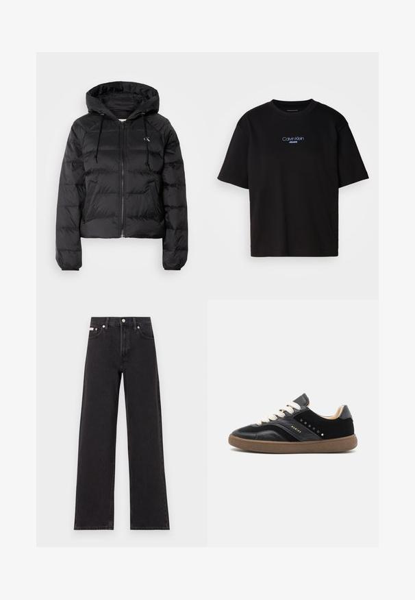 Calvin Klein Jeans LIGHTWEIGHT LOGO PUFFER - Zimní bunda - black; Černé bavlněné tričko s kulatým výstřihem a krátkými rukávy, s modrou vyšitou nášivkou "Calvin Klein JEANS" na přední straně.; Černé široké jeansy vyrobené z denimu, s vysokým pasem, pěti kapsami a kovovým zapínáním s kontrastním prošíváním.; Nubikk RAY OWEN - Tenisky - black/mocca