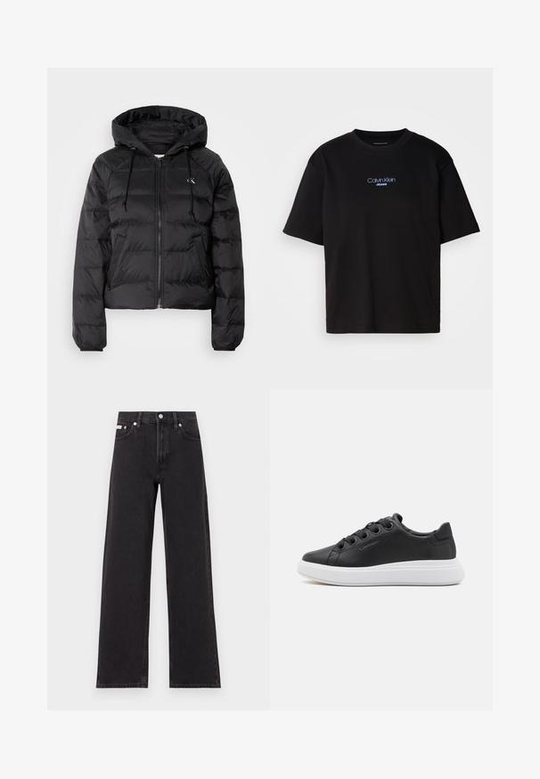 Calvin Klein Jeans LIGHTWEIGHT LOGO PUFFER - Talvejope - black; Mustmust särk ümmarguse kaelusega, lühikeste varrukatega ja sinise tikandiga "Calvin Klein JEANS" logo ees.; Mustad laiad mustad teksad, millel on kõrge vöökoht, viie tasku stiil ja metallist nööpkinnitus kontrastsete õmblustega.; Calvin Klein CUPSOLE LACE UP - Tossud - black