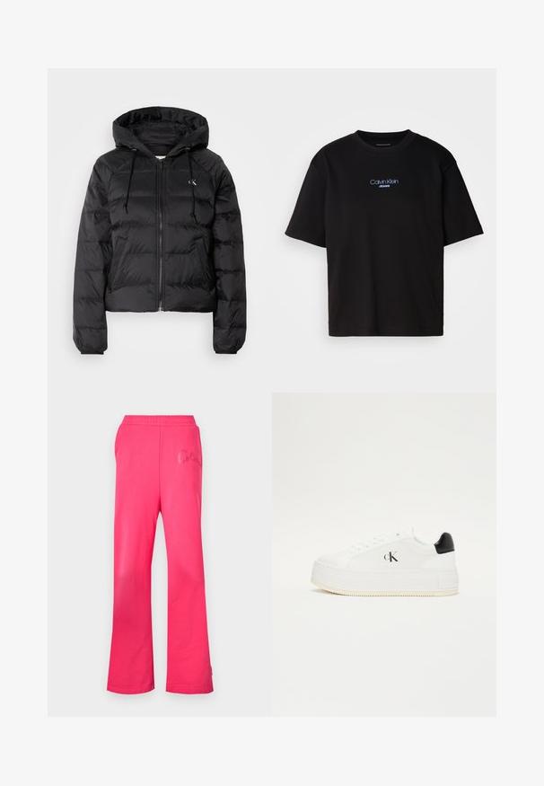 Calvin Klein Jeans LIGHTWEIGHT LOGO PUFFER - Talvejope - black; Mustmust särk ümmarguse kaelusega, lühikeste varrukatega ja sinise tikandiga "Calvin Klein JEANS" logo ees.; Fuksia värvi püksid, millel on mugav lõige, valmistatud pehmest puuvillast. Omavad elastset vööd ja tikandiga logo detaili ees.; Valged platvormi tossud tekstuuriga nahast viimistlusega, musta kanderaami aktsendi ja küljes musta "ck" logo'ga. Paks kummist tald.