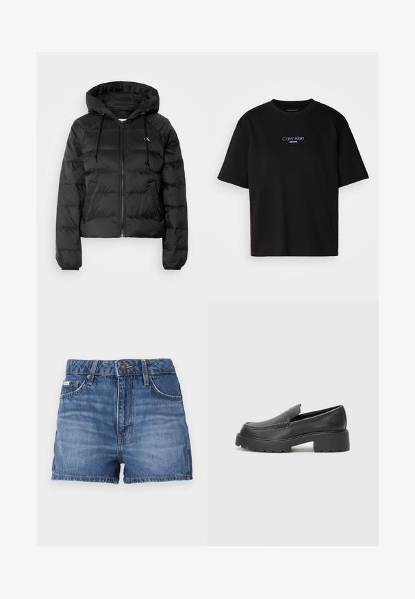 Calvin Klein Jeans LIGHTWEIGHT LOGO PUFFER - Zimska jakna - black; Crna pamučna majica s okruglim izrezom, kratkim rukavima i plavim izvezenim logom "Calvin Klein JEANS" na prednjoj strani.; Traperice kratke hlače u srednje plavoj boji, s dizajnom od pet džepova, petljama za remen i izlizanim rubom. Standardno zatvaranje na dugme i patentni zatvarač.; Crne kožne loaferice s zaobljenim vrhom, debelim teksturiranim potplatom i minimalnim detaljima šivanja. Elegantna izrada bez vidljivih vezica ili metalnih elemenata.
