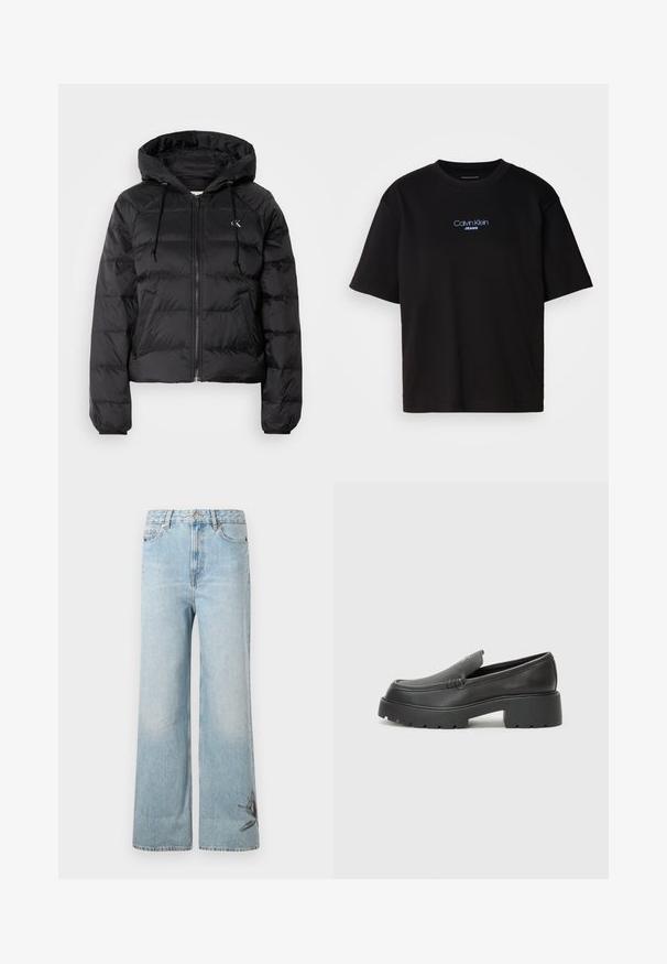 Calvin Klein Jeans LIGHTWEIGHT LOGO PUFFER - Giacca invernale - black; T-shirt nera in cotone con colletto rotondo, maniche corte e logo ricamato blu "Calvin Klein JEANS" sul davanti.; Jeans a gamba larga di un blu chiaro, realizzati in denim, con una texture sbiadita e dettagli di ricamo floreale sulla parte inferiore della gamba sinistra.; Mocassini in pelle nera con punta arrotondata, suola spessa e testurizzata, e minime cuciture. Design elegante senza lacci o parti metalliche visibili.