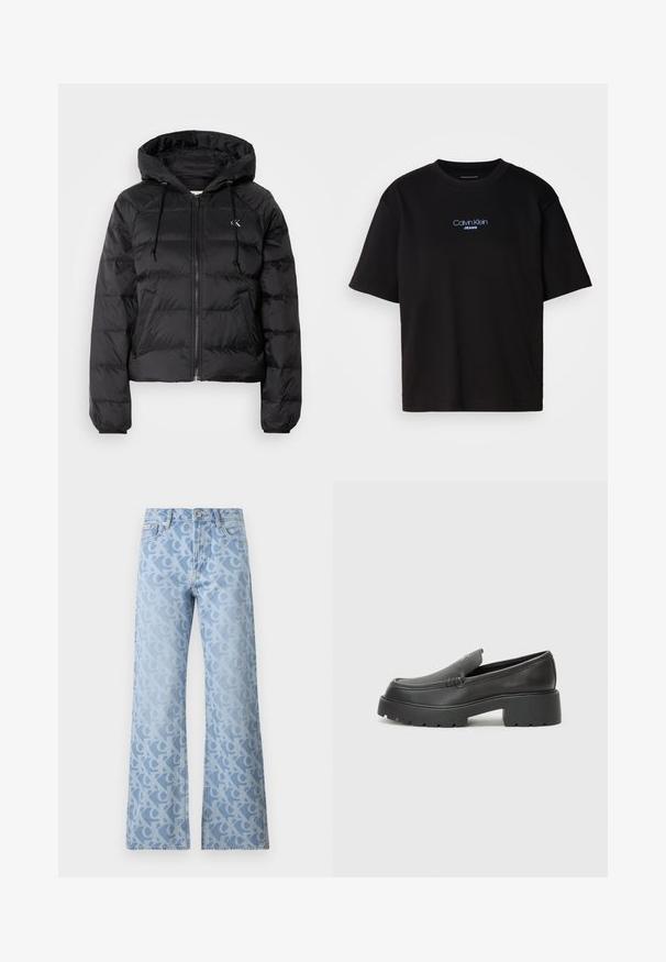 Calvin Klein Jeans LIGHTWEIGHT LOGO PUFFER - Jachetă de iarnă - black; Tricou din bumbac negru cu guler rotund, mâneci scurte și logo-ul brodat în albastru "Calvin Klein JEANS" pe față.; Jeans din denim bleu deschis cu picioare largi, având un model pe toată suprafața format din litere interconectate într-o nuanță ușor mai închisă. Design clasic cu cinci buzunare.; Mocasini din piele neagră, cu vârf rotunjit, talpă groasă texturată și detalii minimale de cusătură. Design elegant, fără șireturi sau accesorii vizibile.