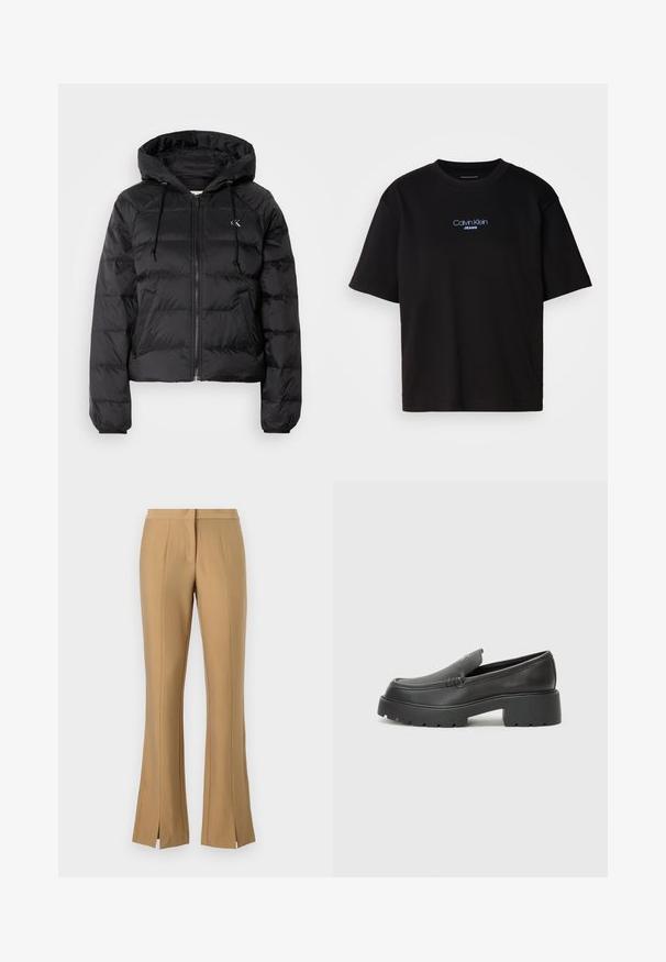 Calvin Klein Jeans LIGHTWEIGHT LOGO PUFFER - Vinterjakke - black; Sort bomull t-skjorte med rund hals, korte ermer, og blå brodert "Calvin Klein JEANS" logo på forsiden.; Beige slengbukser med frontslisser, laget av glatt stoff. Har flat midjebånd og skarpe brettdetaljer som går nedover bena.; Sorte skinnloafers med rund tå, tykk teksturert såle og minimale sømdetaljer. Strømlinjeformet design uten synlige snørebånd eller hardvarer.