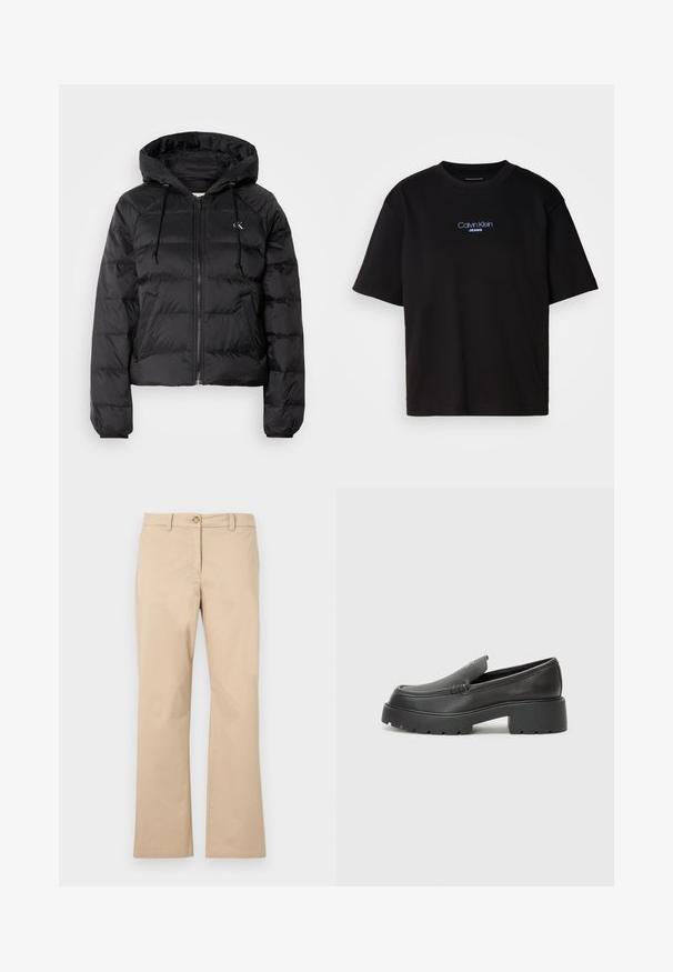 Calvin Klein Jeans LIGHTWEIGHT LOGO PUFFER - Talvejope - black; Mustmust särk ümmarguse kaelusega, lühikeste varrukatega ja sinise tikandiga "Calvin Klein JEANS" logo ees.; Beezhe puuvillased püksid sirge säärega disainiga, varustatud nööbizarre ja vöötringidega, siledat tekstuuri ning ilma nähtavate mustrite või aktsentideta.; Mustad nahast loafers ümarate varvastega, paksu tekstuuriga tald ja minimaalsete õmbluse detailidega. Viimistletud disain, kus pole nähtavaid paelu ega riistu.