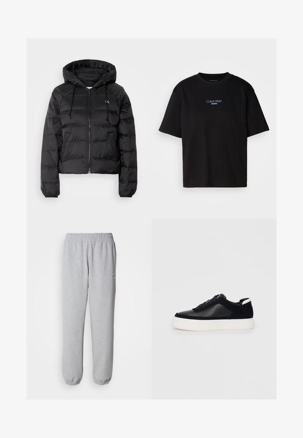 Calvin Klein Jeans LIGHTWEIGHT LOGO PUFFER - Zimska jakna - black; Črna bombažna majica s krožnim izrezom, kratkimi rokavi in modrim vezenim logotipom "Calvin Klein JEANS" na sprednji strani.; Sive trenerke iz mehkega teksturiranega materiala. Elastični pas in manšete, z majhnim logotipom na levi strani.; Črne športne copate z gladko usnjeno in semišnimi paneli, ravnimi vezalkami, zaobljenim nosom in belim gumijastim podplatom. Oznaka na peti.