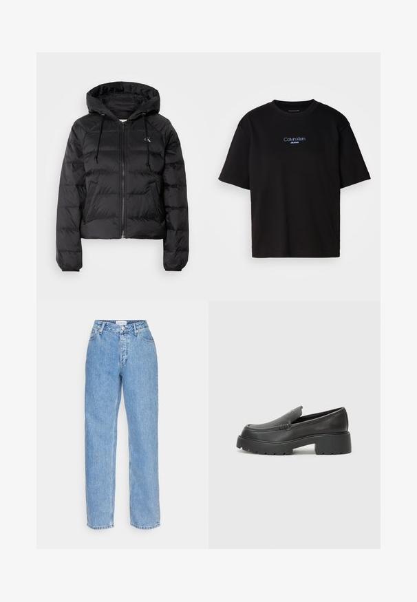 Calvin Klein Jeans LIGHTWEIGHT LOGO PUFFER - Žieminė striukė - black; Juodas medvilnės marškinėliai su apykakle, trumpomis rankovėmis ir mėlynai siuvinėtu "Calvin Klein JEANS" logotipu priekyje.; Šviesiai mėlynos džinsinės kelnės su tiesiais kojų kirpimais, su mygtuko ir užtrauktuko uždarymu, penkiomis kišenėmis ir vidutinio aukščio juosmeniu.; Juodi odiniai loaferiai su apvaliu pirštu, storu tekstūruotu padu ir minimaliu siūlių dekoru. Išskirtinis dizainas be matomų raištelių ar furnitūros.