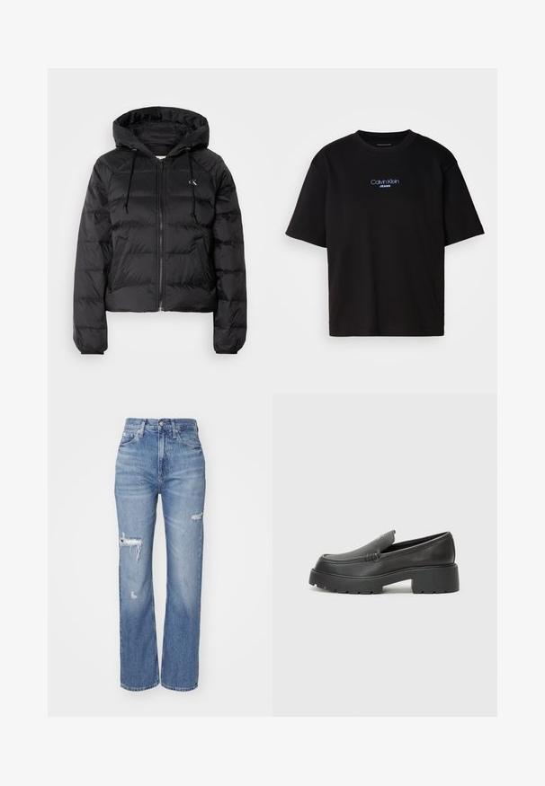 Calvin Klein Jeans LIGHTWEIGHT LOGO PUFFER - Talvejope - black; Mustmust särk ümmarguse kaelusega, lühikeste varrukatega ja sinise tikandiga "Calvin Klein JEANS" logo ees.; Heledad sinise värvi kõrge vöökoht, valmistatud denimist, millel on kulumise detailid põlvedel ja sirge lõige.; Mustad nahast loafers ümarate varvastega, paksu tekstuuriga tald ja minimaalsete õmbluse detailidega. Viimistletud disain, kus pole nähtavaid paelu ega riistu.