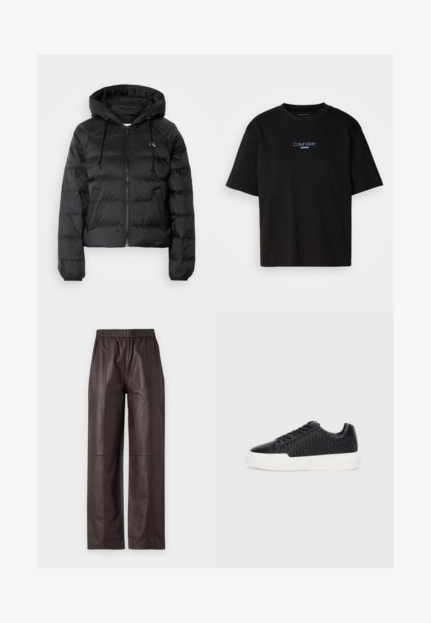 Calvin Klein Jeans LIGHTWEIGHT LOGO PUFFER - Winter jacket - black; Black cotton t-shirt with a round neck, short sleeves, and blue embroidered "Calvin Klein JEANS" logo on the front.; Brown leather wide-leg pants with an elastic waistband and a smooth texture, featuring seam detailing on front and back.; Black sneakers featuring a textured quilted design, smooth leather accents, flat white rubber sole, and traditional lace-up closure.