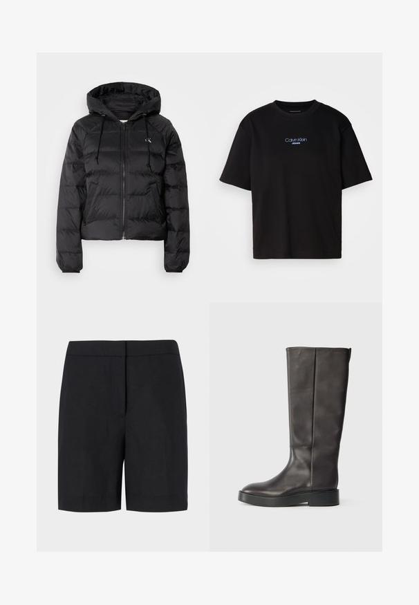 Calvin Klein Jeans LIGHTWEIGHT LOGO PUFFER - Winter jacket - black; Black cotton t-shirt with a round neck, short sleeves, and blue embroidered "Calvin Klein JEANS" logo on the front.; Black shorts made from lightweight fabric, featuring a classic straight cut, minimal design, and no visible hardware or patterns.; Black knee-high leather boot with thick sole and subtle Calvin Klein logo near the top edge, shown from the side.