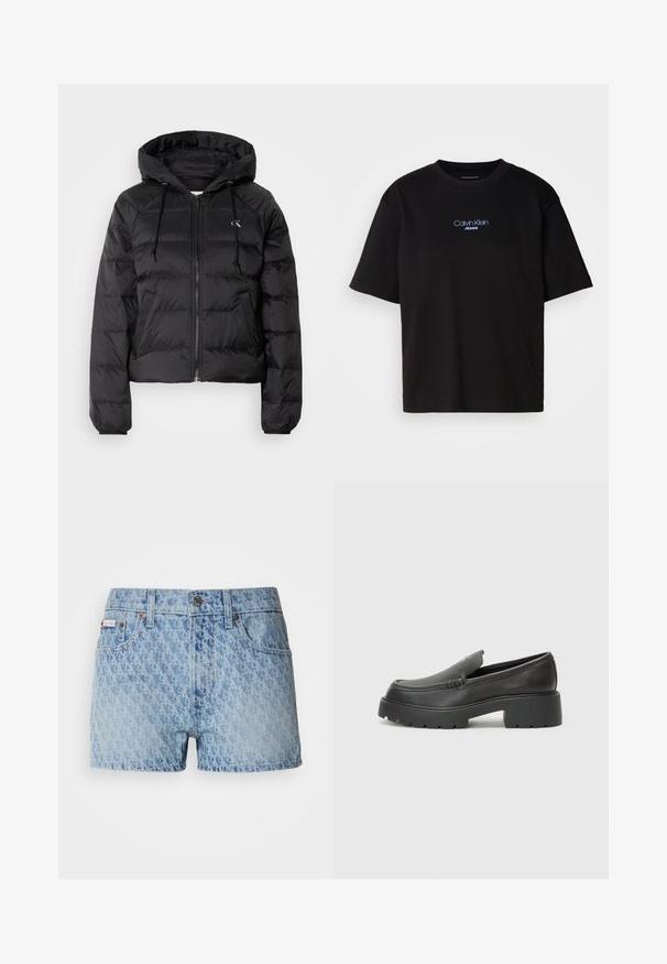 Calvin Klein Jeans LIGHTWEIGHT LOGO PUFFER - Casaco de inverno - black; T-shirt preta de algodão com gola redonda, mangas curtas e logo bordado azul "Calvin Klein JEANS" na parte da frente.; Calções de ganga em azul claro com um padrão texturizado e repetido. Apresenta um fecho de botão e um rótulo de marca vermelho na pocket esquerda.; Mocassins de couro preto com bico arredondado, sola espessa e texturizada, e detalhes de costura minimalistas. Design elegante sem atacadores ou ferragens visíveis.