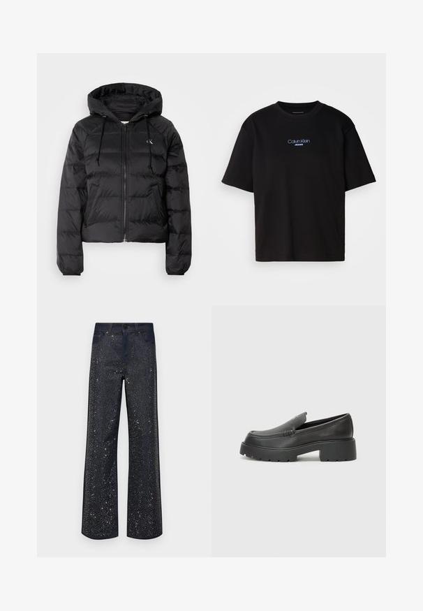 Calvin Klein Jeans LIGHTWEIGHT LOGO PUFFER - Chaqueta de invierno - black; Camiseta de algodón negra con cuello redondo, manga corta y el logotipo azul bordado de "Calvin Klein JEANS" en el frente.; Pantalones de mezclilla oscura con piernas anchas, que presentan brillantes acentos metálicos en la tela. Diseño clásico de cinco bolsillos con cierre de botón.; Mocasines de piel negra con punta redondeada, suela texturizada gruesa y mínimos detalles de costura. Diseño elegante sin cordones o herrajes visibles.