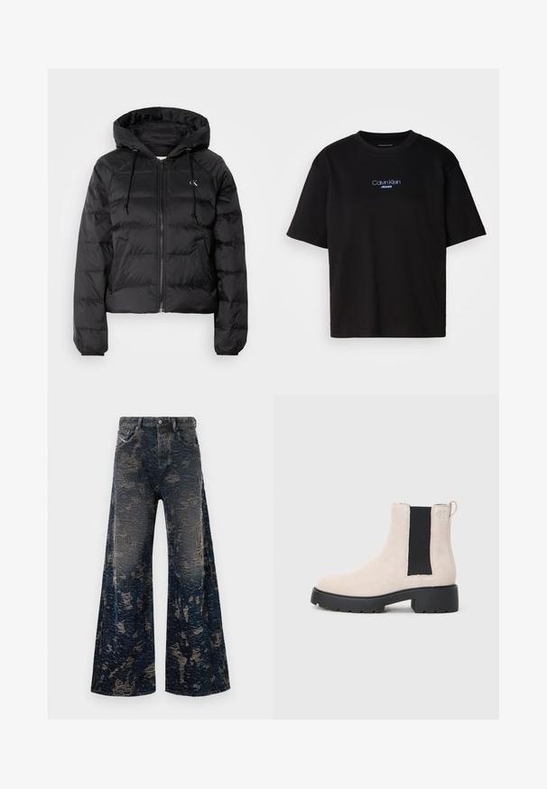Calvin Klein Jeans LIGHTWEIGHT LOGO PUFFER - Casaco de inverno - black; T-shirt preta de algodão com gola redonda, mangas curtas e logo bordado azul "Calvin Klein JEANS" na parte da frente.; Jeans de perna larga em azul escuro com uma textura envelhecida e desgastada em lavagem ácida e design clássico de cinco bolsos.; Bota Chelsea em camurça bege com painel elástico preto, sola grossa preta e puxador no tornozelo.