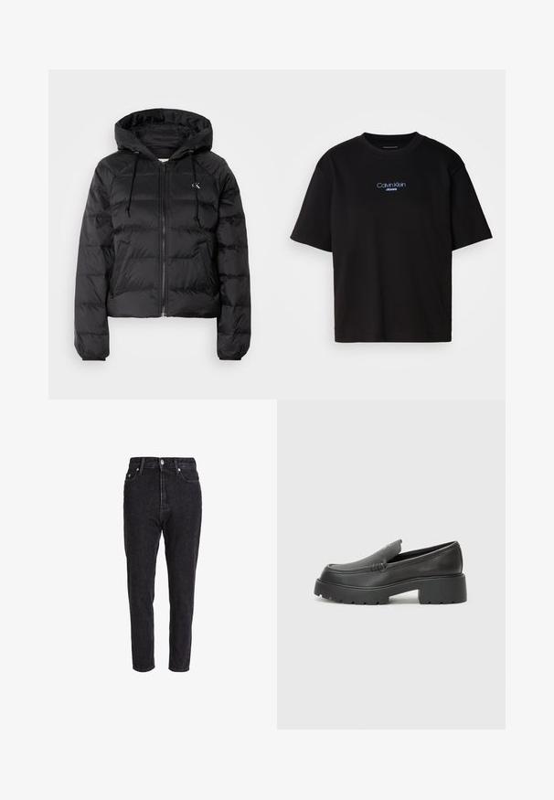 Calvin Klein Jeans LIGHTWEIGHT LOGO PUFFER - Talvitakki - black; Musta puuvillainen t-paita, jossa on pyöreä kaula-aukko, lyhyet hihat ja sininen brodeerattu "Calvin Klein JEANS" -logo edessä.; Mustat farkut, joissa on korkea vyötärö, kapenevat lahkeet ja klassinen viisi taskua -design. Kangas on hieman teksturoitua ja vankkaa.; Musta nahkakengät, joissa on pyöristetty kärki, paksu teksturoitu pohja ja vähäiset ompeluyksityiskohdat. Tyylikäs muotoilu, jossa ei ole näkyviä nauhoja tai metalliosia.