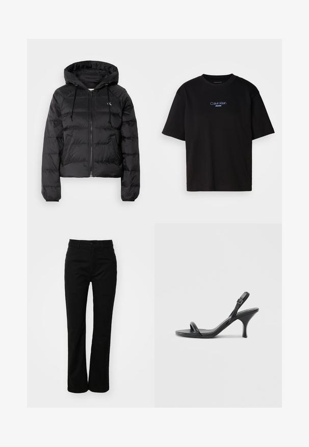 Calvin Klein Jeans LIGHTWEIGHT LOGO PUFFER - Téli dzseki - black; Fekete pamut póló kerek nyakkal, rövid ujjú, elöl kék hímzett "Calvin Klein JEANS" logóval.; Fekete pamut nadrág egyenes szabással, elöl gombos záródással, övrögzítőkkel és két oldalsó zsebbel. Sima textúrájú.; Fekete bőrből készült, magassarkú szandál, vékony, ívelt sarokkal és keresztben átkötött pántokkal. Állítható bokapánt. Sima felület.