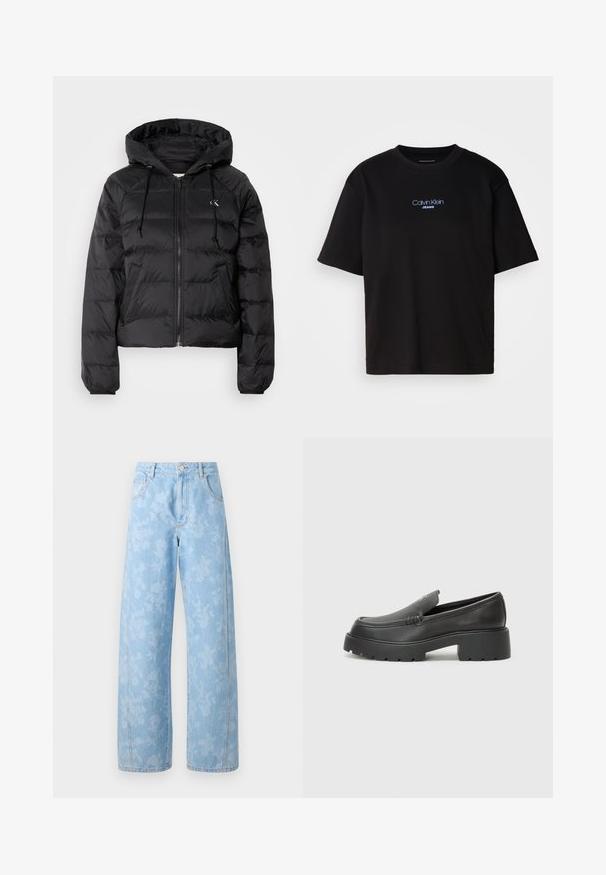 Calvin Klein Jeans LIGHTWEIGHT LOGO PUFFER - Žieminė striukė - black; Juodas medvilnės marškinėliai su apykakle, trumpomis rankovėmis ir mėlynai siuvinėtu "Calvin Klein JEANS" logotipu priekyje.; Mads Nørgaard ART CHRISTEL - Laisvo kirpimo džinsai - light denim; Juodi odiniai loaferiai su apvaliu pirštu, storu tekstūruotu padu ir minimaliu siūlių dekoru. Išskirtinis dizainas be matomų raištelių ar furnitūros.