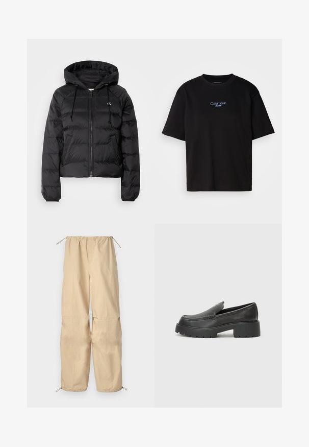 Calvin Klein Jeans LIGHTWEIGHT LOGO PUFFER - Žieminė striukė - black; Juodas medvilnės marškinėliai su apykakle, trumpomis rankovėmis ir mėlynai siuvinėtu "Calvin Klein JEANS" logotipu priekyje.; Šviesiai rudos, lengvos kelnės su reguliuojamu juosmeniu ir reguliuojamais apačia. Lygus paviršius, laisvas kirpimas, be matomų raštų ar detalių.; Juodi odiniai loaferiai su apvaliu pirštu, storu tekstūruotu padu ir minimaliu siūlių dekoru. Išskirtinis dizainas be matomų raištelių ar furnitūros.