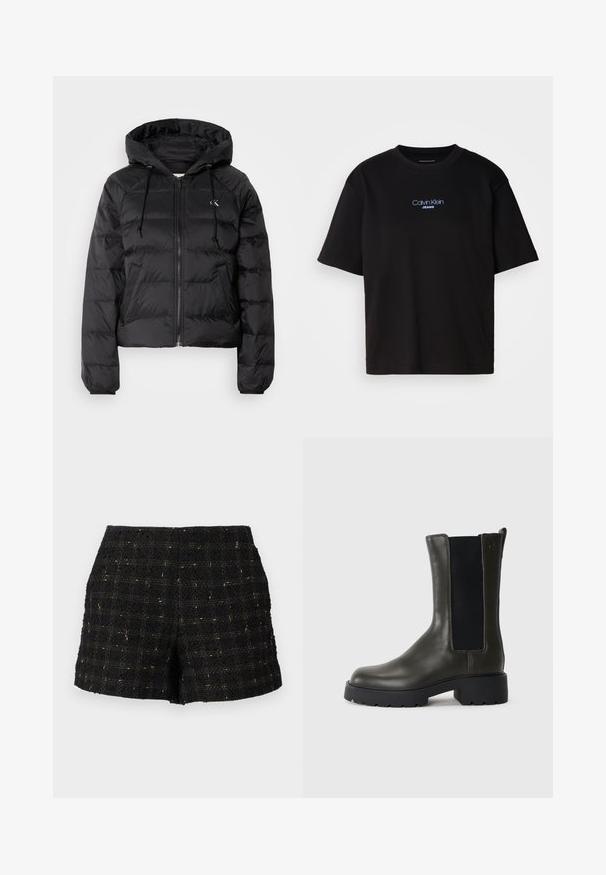 Calvin Klein Jeans LIGHTWEIGHT LOGO PUFFER - Winter jacket - black; Black cotton t-shirt with a round neck, short sleeves, and blue embroidered "Calvin Klein JEANS" logo on the front.; Black tweed shorts with a textured surface, featuring a grid pattern in gold threads, tailored shape, and a mid-rise waist.; Green leather ankle boot with elastic side panels, rounded toe, and rubber sole. Features a textured finish and a block heel.