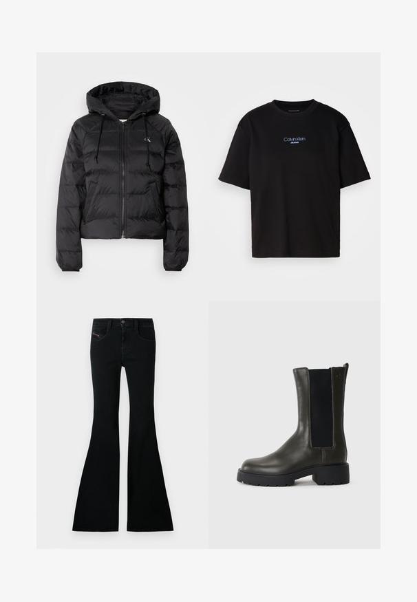 Calvin Klein Jeans LIGHTWEIGHT LOGO PUFFER - Zimska jakna - black; Črna bombažna majica s krožnim izrezom, kratkimi rokavi in modrim vezenim logotipom "Calvin Klein JEANS" na sprednji strani.; Črne razločene kavbojke z visokim pasom, denim materialom, sprednjimi žepi in majhnim logotipom na sprednjem žepu.; Zelena usnjena gležnjarja z elastikami na straneh, zaokroženo obliko prsta in gumijastim podplatom. Ima teksturirano površino in blok peto.