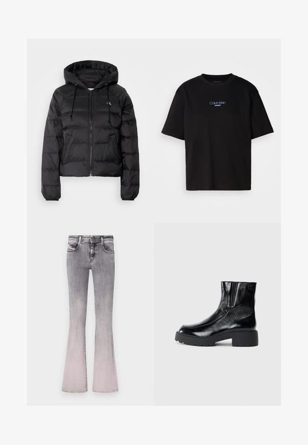 Calvin Klein Jeans LIGHTWEIGHT LOGO PUFFER - Jachetă de iarnă - black; Tricou din bumbac negru cu guler rotund, mâneci scurte și logo-ul brodat în albastru "Calvin Klein JEANS" pe față.; Jeans evazati în gradient de negru la gri deschis. Conțin un design clasic cu cinci buzunare, închidere frontală cu nasture și detalii de cusătură subtile.; Botine negre până la gleznă, cu un finisaj de piele lacuită strălucitoare, talpă de cauciuc neagră masivă și toc înălțat; include detalii subtile cu logo pe lateral.