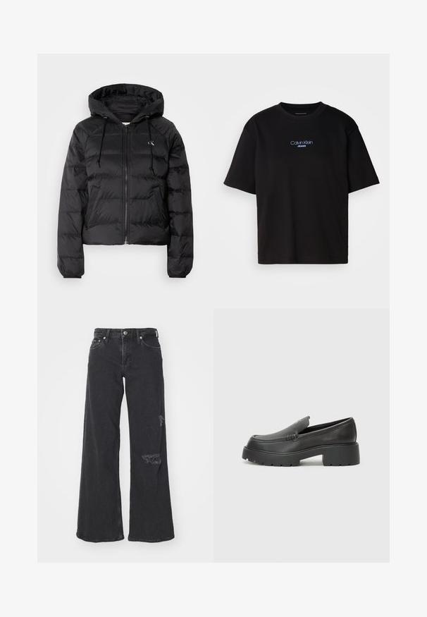 Calvin Klein Jeans LIGHTWEIGHT LOGO PUFFER - Talvitakki - black; Musta puuvillainen t-paita, jossa on pyöreä kaula-aukko, lyhyet hihat ja sininen brodeerattu "Calvin Klein JEANS" -logo edessä.; Mustat farkut, joissa on leveät lahkeet ja kulutustekstejä alareunassa oikealla puolella. Omistaa klassisen napin kiinnityksen ja viisi-taskumallin.; Musta nahkakengät, joissa on pyöristetty kärki, paksu teksturoitu pohja ja vähäiset ompeluyksityiskohdat. Tyylikäs muotoilu, jossa ei ole näkyviä nauhoja tai metalliosia.