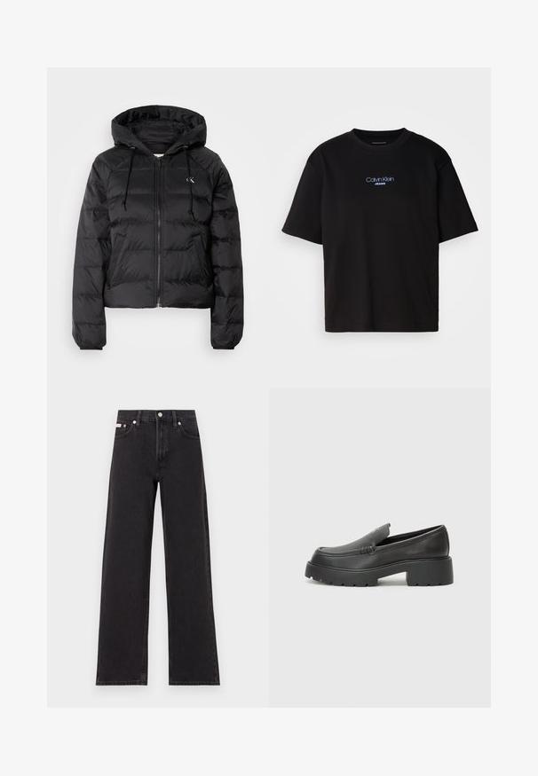 Calvin Klein Jeans LIGHTWEIGHT LOGO PUFFER - Zimná bunda - black; Čierne bavlnené tričko s okrúhlym výstrihom, krátkymi rukávmi a modrým vyšívaným logom "Calvin Klein JEANS" na prednej strane.; Čierne široké džínsy vyrobené z denimu, s vysokým pásom, piatimi vreckami a kovovým zapínaním s kontrastným šitím.; Čierne kožené mokasíny s okrúhlou špičkou, hrubou textúrovanou podrážkou a minimom stehovej výzdoby. Štíhly dizajn bez viditeľných šnúr alebo kovania.