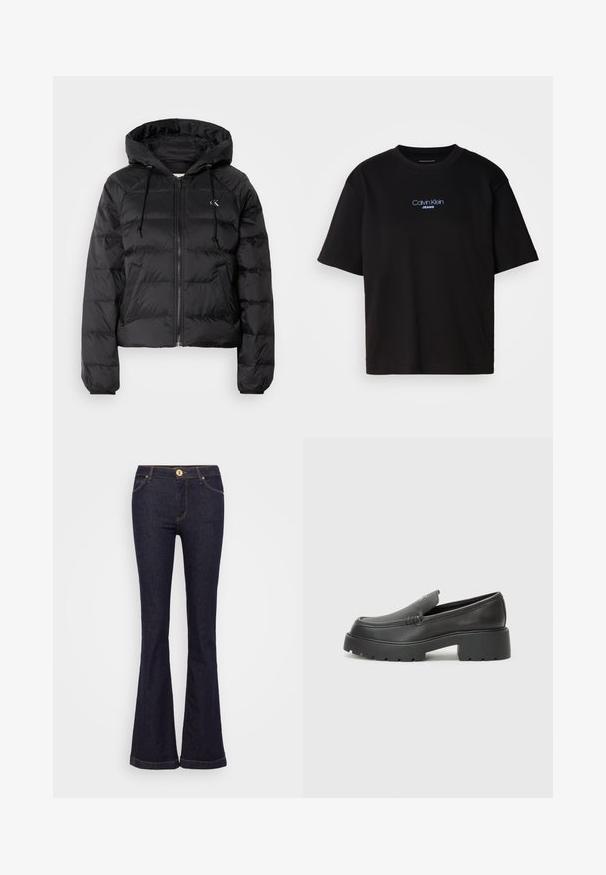 Calvin Klein Jeans LIGHTWEIGHT LOGO PUFFER - Winter jacket - black; Black cotton t-shirt with a round neck, short sleeves, and blue embroidered "Calvin Klein JEANS" logo on the front.; Flared dark blue denim jeans with a high waist, gold button hardware, contrasting stitching, and two front pockets.; Black leather loafers with a rounded toe, thick textured sole, and minimal stitching details. Sleek design with no visible laces or hardware.