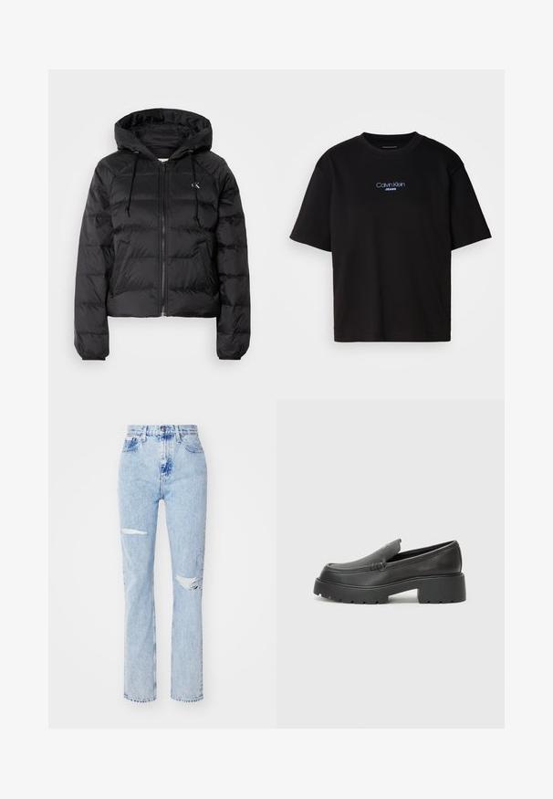 Calvin Klein Jeans LIGHTWEIGHT LOGO PUFFER - Vinterjakke - black; Sort bomull t-skjorte med rund hals, korte ermer, og blå brodert "Calvin Klein JEANS" logo på forsiden.; Lyseblå høytlivede jeans laget av denim, med to hull på knærne, rette ben og synlig søm ved livet og sømmene.; Sorte skinnloafers med rund tå, tykk teksturert såle og minimale sømdetaljer. Strømlinjeformet design uten synlige snørebånd eller hardvarer.