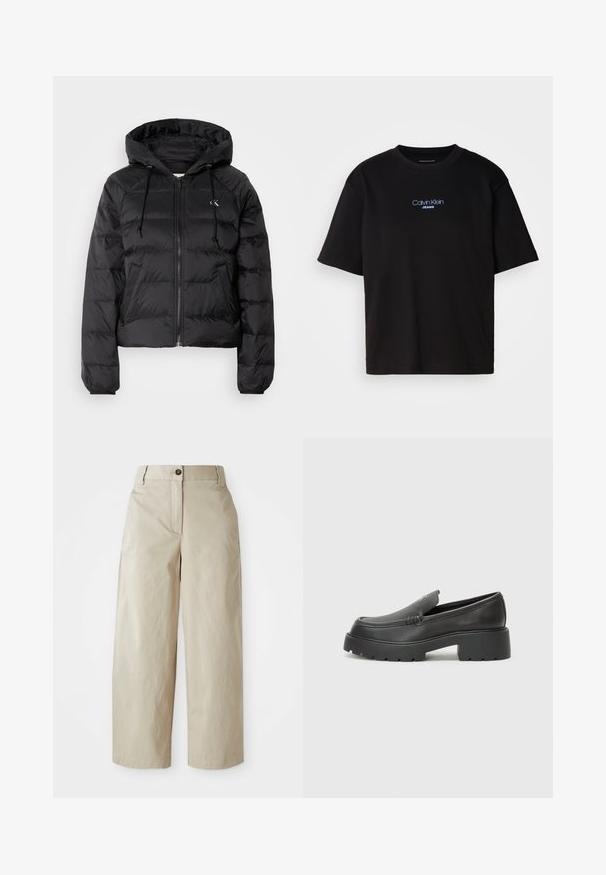 Calvin Klein Jeans LIGHTWEIGHT LOGO PUFFER - Vinterjakker - black; Sort bomulds t-shirt med rund hals, korte ærmer og blåt broderet "Calvin Klein JEANS" logo på fronten.; Beige høj talje vide bukser med knap- og lynlås lukning, bæltestropper og sidelommer, præsenteret på en hvid baggrund.; Sorte læder loafers med rund tå, tyk tekstureret sål og minimale syninger. Elegant design uden synlige snørebånd eller hardware.