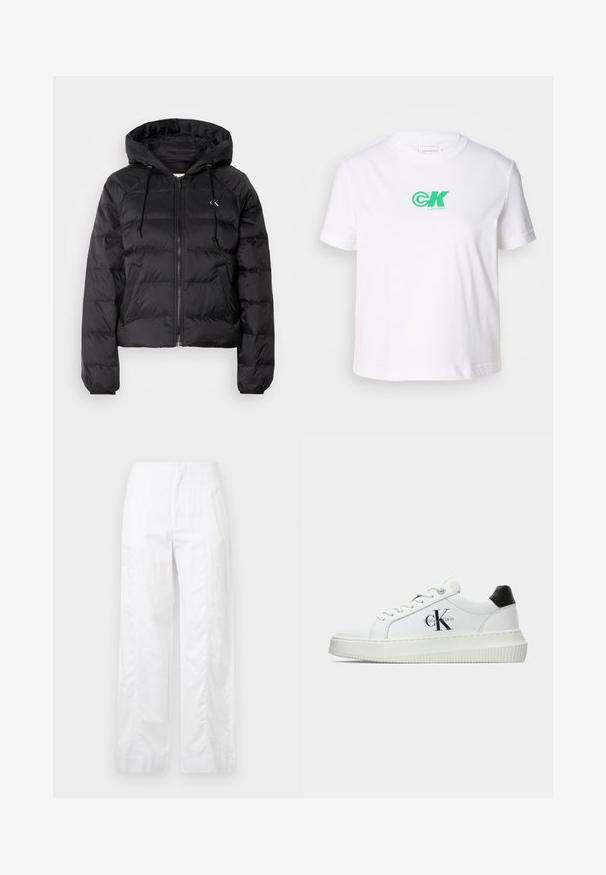 Calvin Klein Jeans LIGHTWEIGHT LOGO PUFFER - Casaco de inverno - black; T-shirt de algodão branco com gola redonda e mangas curtas, apresentando o logótipo verde da Calvin Klein na parte da frente. Design clássico de corte reto.; Calças brancas de perna larga feitas de um tecido leve, com uma textura suave, linhas limpas e um design de cintura alta.; Sapatilhas brancas de cano baixo com aba preta no calcanhar, sola tipo plataforma, cordões e logo "CK" da Calvin Klein na lateral.