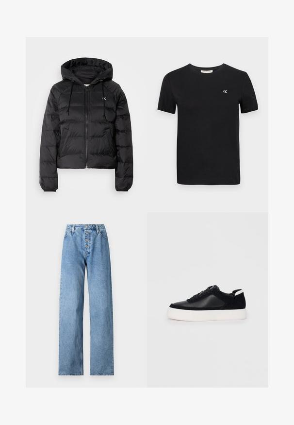 Calvin Klein Jeans LIGHTWEIGHT LOGO PUFFER - Casaco de inverno - black; T-shirt de algodão preto com um clássico decote redondo, mangas curtas e um pequeno logótipo bordado "ck" em branco no peito.; Jeans de ganga azul claro com cintura alta, corte largo, fecho de cinco botões e passantes para cinto. O tecido tem uma textura suave com desbotamento mínimo.; Sapatilha preta com painéis de pele lisa e camurça, atacadores planos, bico arredondado e sola de borracha branca. Logótipo distinto no calcanhar.