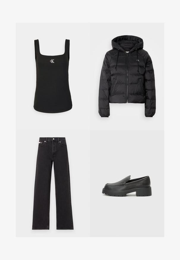 Calvin Klein Jeans LIGHTWEIGHT LOGO PUFFER - Žieminė striukė - black; Juodas tankas su kvadratine iškirpte, ruožuota tekstūra ir mažuoju baltu "cK" logotipu ant krūtinės, turintis plačius petnešas.; Juodos plačios kojų džinsai, pagaminti iš džinsinio audinio, su aukštu liemeniu, penkių kišenių stiliumi ir metaline sagte su kontrastingo siuvimo detalėmis.; Juodi odiniai loaferiai su apvaliu pirštu, storu tekstūruotu padu ir minimaliu siūlių dekoru. Išskirtinis dizainas be matomų raištelių ar furnitūros.
