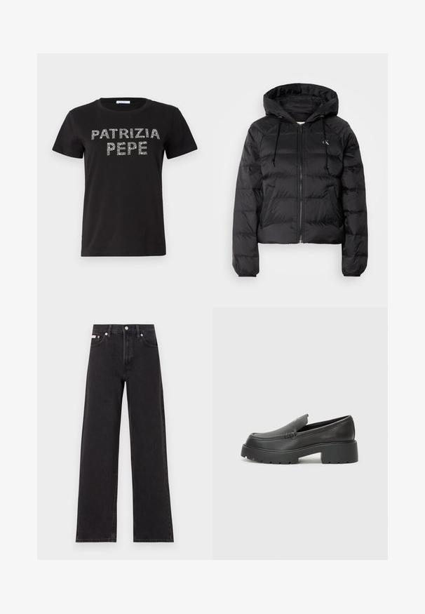 Calvin Klein Jeans LIGHTWEIGHT LOGO PUFFER - Winter jacket - black; Black cotton t-shirt featuring short sleeves, a round neckline, and decorative rhinestone lettering spelling "PATRIZIA PEPE" on the front.; Black wide-leg jeans made of denim, featuring a high-rise waist, five-pocket styling, and a metal button closure with contrasting stitching.; Black leather loafers with a rounded toe, thick textured sole, and minimal stitching details. Sleek design with no visible laces or hardware.