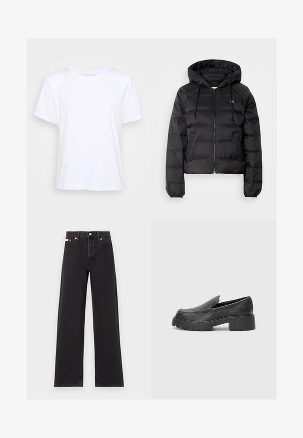 Calvin Klein Jeans LIGHTWEIGHT LOGO PUFFER - Talvejope - black; Valge puuvillane T-särk, ümmarguse kaelusega, lühikeste varrukatega ja mugava lõikega, millel on sile tekstuur ja minimalistlik disain.; Mustad laiad mustad teksad, millel on kõrge vöökoht, viie tasku stiil ja metallist nööpkinnitus kontrastsete õmblustega.; Mustad nahast loafers ümarate varvastega, paksu tekstuuriga tald ja minimaalsete õmbluse detailidega. Viimistletud disain, kus pole nähtavaid paelu ega riistu.