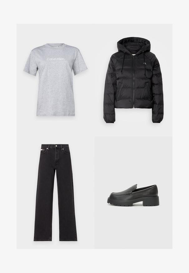 Calvin Klein Jeans LIGHTWEIGHT LOGO PUFFER - Winterjas - black; Calvin Klein HERO LOGO REGULAR - T-shirt print - light grey; Zwarte wijde spijkerbroeken van denim, met een hoge taille, vijf-pocket stijl en een metalen knoopsluiting met contrasterende stiksels.; Zwarte leren instappers met een ronde neus, dikke getextureerde zool en minimale stikseldetails. Strak ontwerp zonder zichtbare veters of hardware.