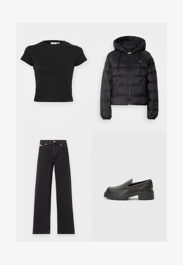 Calvin Klein Jeans LIGHTWEIGHT LOGO PUFFER - Zimska jakna - black; Črna majica s kratkimi rokavi iz bombaža, z okroglim izrezom, prilegajočim krojem in majhno oznako logotipa na robu.; Črne široke jeans hlače iz denima, s poudarjenim pasom, petimi žepi in kovinskim gumbom za zapiranje ter kontrastnim šivanjem.; Črne usnjene loafers čevlje z zaobljenim nosom, debelim teksturiranim podplatom in minimalnimi šivi. Elegantna zasnova brez vidnih vezalk ali kovinskih delov.