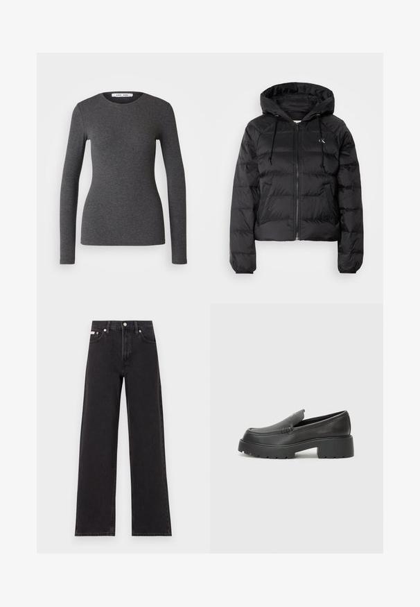 Calvin Klein Jeans LIGHTWEIGHT LOGO PUFFER - Vinterjakker - black; Langærmet top med rund hals i mørkegrå, fremstillet af ribbet stof med en tætsiddende pasform, der har en glat overflade og minimal detaljer.; Sorte vidde jeans lavet af denim, med høj talje, fem-lomme stil og en metalknap lukning med kontrasterende syninger.; Sorte læder loafers med rund tå, tyk tekstureret sål og minimale syninger. Elegant design uden synlige snørebånd eller hardware.