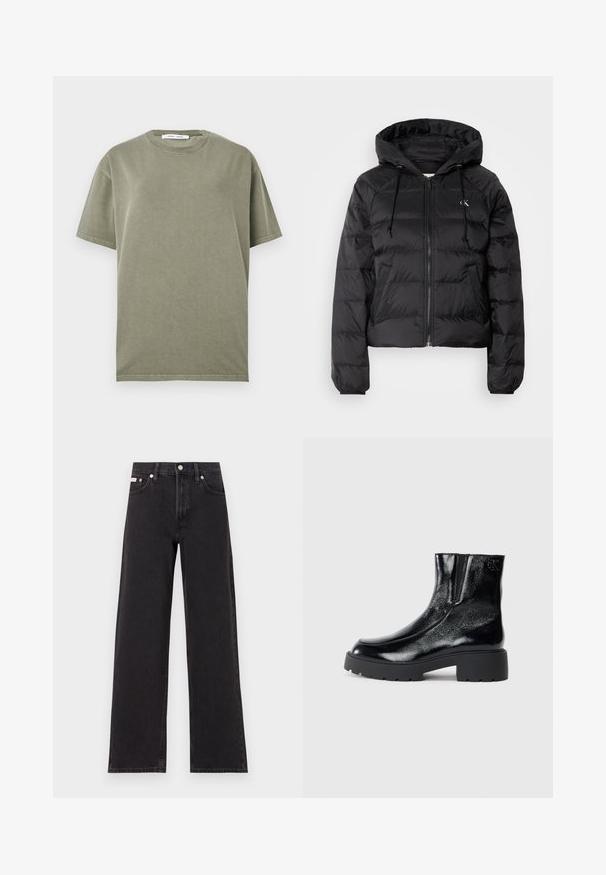 Calvin Klein Jeans LIGHTWEIGHT LOGO PUFFER - Winterjas - black; Olijfgroene katoenen t-shirt met een ronde hals, korte mouwen en een eenvoudig, ongecomliceerd ontwerp. Zachte textuur en een relaxte pasvorm.; Zwarte wijde spijkerbroeken van denim, met een hoge taille, vijf-pocket stijl en een metalen knoopsluiting met contrasterende stiksels.; Zwarte enkellaarsjes met een glanzende lakleren afwerking, chunky zwarte rubberen zool en verhoogde hak; inclusief subtiele logo-detail aan de zijkant.