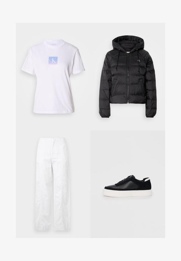 Calvin Klein Jeans LIGHTWEIGHT LOGO PUFFER - Talvejope - black; Valge puuvillane T-särk, mille esiküljel on ruudu kuju pastellsinine ja lavendlitooni graafika, mille keskel on tähed "cK". Lühikesed varrukad, ümardatud kaelus.; Valged laiad püksid, mis on valmistatud kergetest materjalidest, omades siledat tekstuuri, puhtaid jooni ja kõrget vöökohta.; Mustad mustad spordijalanõud siledast nahast ja sametist paneelidega, lame nööriga, ümar varvas ja valge kummist tallaga. Erakordne logo kontsas.