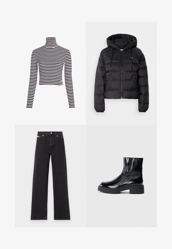 Calvin Klein Jeans LIGHTWEIGHT LOGO PUFFER - Winter jacket - black; Black and white striped turtleneck top with long sleeves and a cropped design, made from a ribbed material. Features a small brand logo at the hem.; Black wide-leg jeans made of denim, featuring a high-rise waist, five-pocket styling, and a metal button closure with contrasting stitching.; Black ankle boots with a glossy patent leather finish, chunky black rubber sole, and raised heel; includes subtle logo detail on the side.