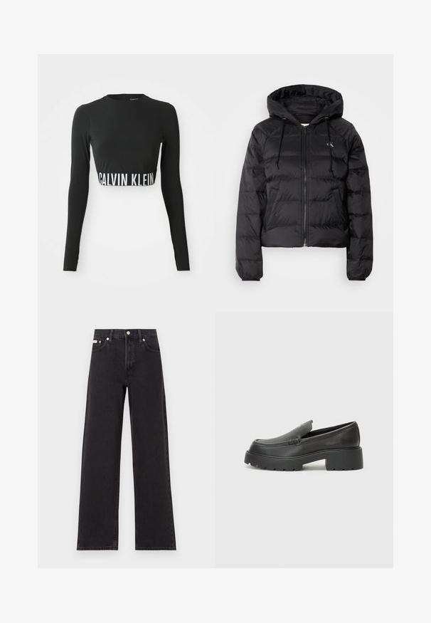 Calvin Klein Jeans LIGHTWEIGHT LOGO PUFFER - Zimska jakna - black; Črn dolg rokav prirezani zgornji del z visokim ovratnikom in belim logotipom "Calvin Klein" okoli pasu.; Črne široke jeans hlače iz denima, s poudarjenim pasom, petimi žepi in kovinskim gumbom za zapiranje ter kontrastnim šivanjem.; Črne usnjene loafers čevlje z zaobljenim nosom, debelim teksturiranim podplatom in minimalnimi šivi. Elegantna zasnova brez vidnih vezalk ali kovinskih delov.