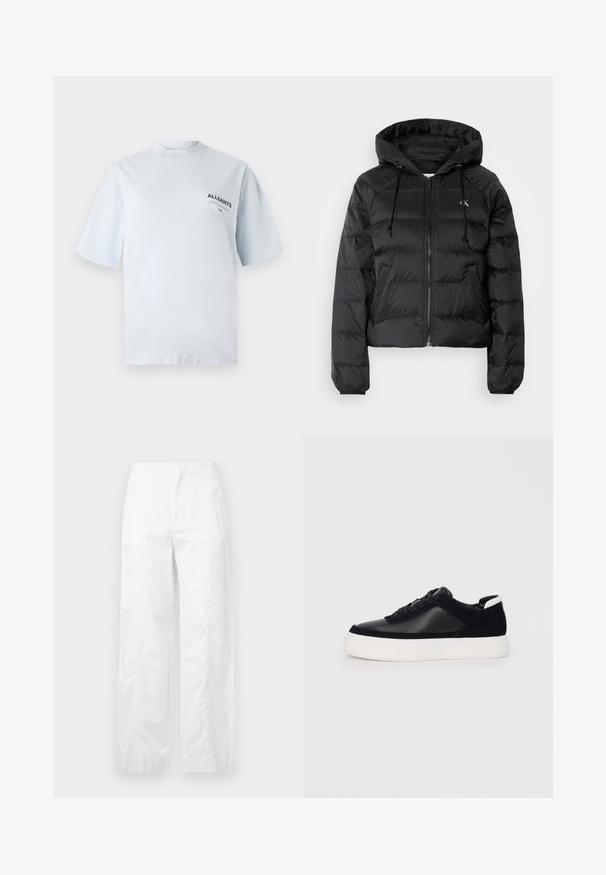 Calvin Klein Jeans LIGHTWEIGHT LOGO PUFFER - Χειμωνιάτικο μπουφάν - black; Ανοιχτό μπλε βαμβακερό T-shirt με κοντά μανίκια και ψηλό γιακά, με μικρό μαύρο λογότυπο στην αριστερή περιοχή του στήθους.; Λευκά παντελόνια με φαρδιά γραμμή, κατασκευασμένα από ελαφρύ ύφασμα, με απλή υφή, καθαρές γραμμές και ψηλή ζώνη.; Μαύρο αθλητικό παπούτσι με λείο δέρμα και σουέτ πάνελ, επίπεδα κορδόνια, στρογγυλή μύτη και λευκή καουτσούκ σόλα. Διακριτό λογότυπο στη φτέρνα.