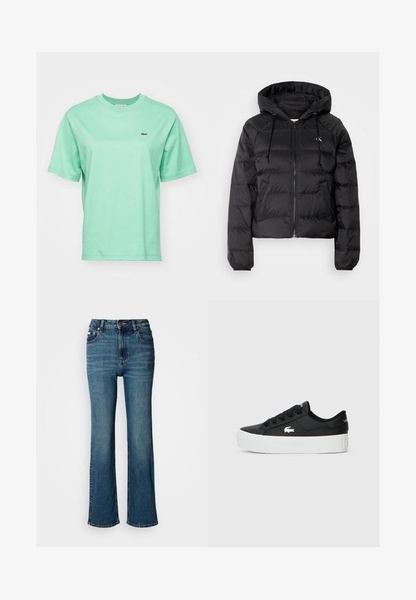 Calvin Klein Jeans LIGHTWEIGHT LOGO PUFFER - Casaco de inverno - black; T-shirt de algodão verde-claro com mangas curtas e gola redonda, com um pequeno logótipo bordado na área do peito esquerdo.; Jeans de cintura alta em denim azul, com um design de perna reta, desbotamento subtil e um fecho padrão com botão e zipper.; Sapatilha preta de cano baixo feita de material sintético, com sola de borracha branca, atacadores pretos e um pequeno logótipo branco na lateral.