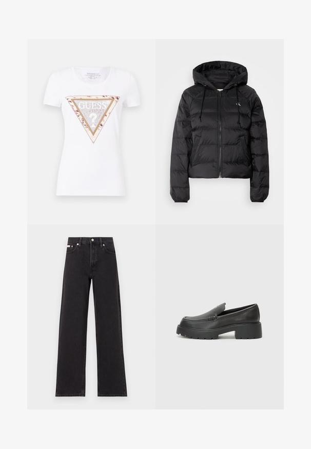 Calvin Klein Jeans LIGHTWEIGHT LOGO PUFFER - Ziemas jaka - black; Balta īsām piedurknēm t-kreklā ir trijstūra grafika ar ziedu rakstu, spožiem akcentiem un zelta krāsas tekstu centrā.; Melni platmalu džinsi, kas izgatavoti no denima, ar augstu vidukli, piecu kabatu dizainu un metāla pogas aizdari ar kontrastējošu šuvumu.; Melnas ādas mokasīni ar noapaļotu purngalu, biezs teksturēts zoles un minimālas dūriena detaļas. Gluds dizains bez redzamām auklām vai metāla elementiem.